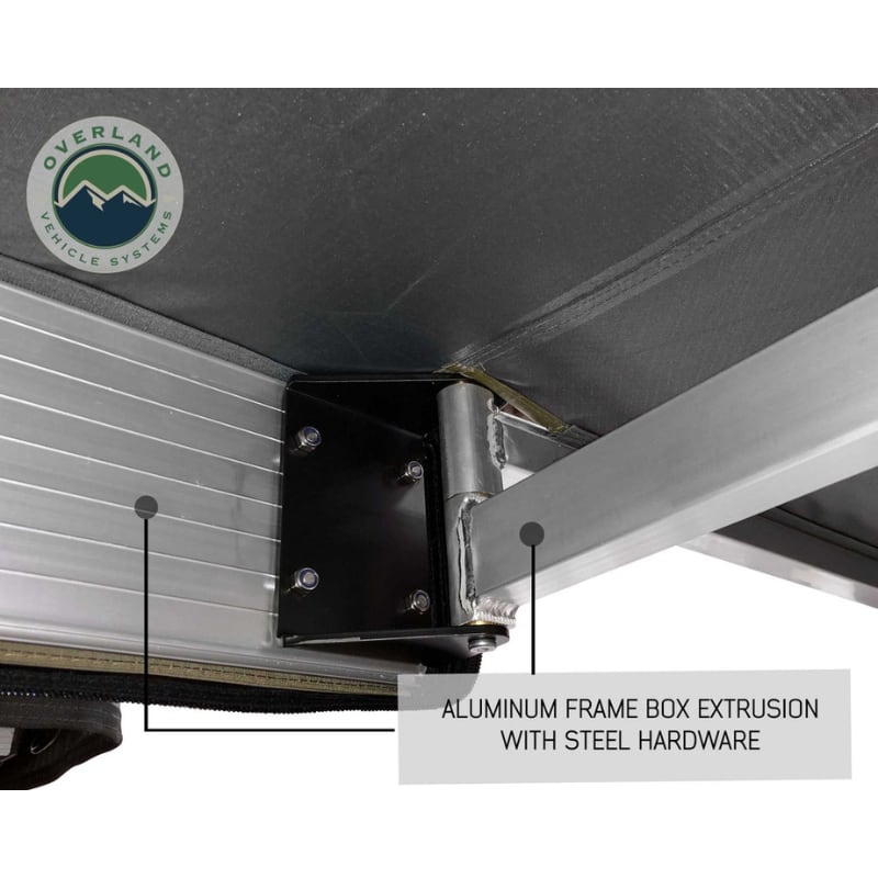 overland-vehicle-systems-nomadic-270-awning-driverside-open-close-up-view-aluminum-box-frame-and-steel-hardware-description