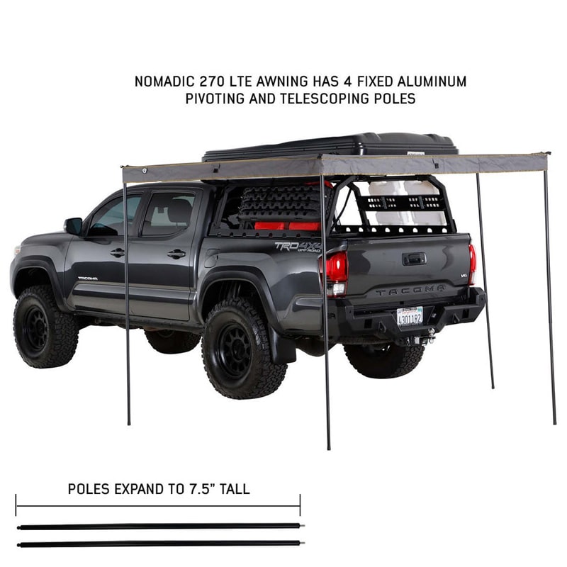 overland-vehicle-systems-nomadic-270lte-awning-driver-side-toyota-tacoma-four-fixed-aluminum-poles