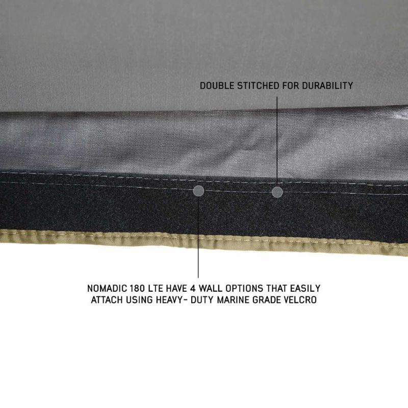 overland-vehicle-systems-nomadic-awning-180-lte-gray-open-close-up-view-with-marine-grade-velcro-on-white-background