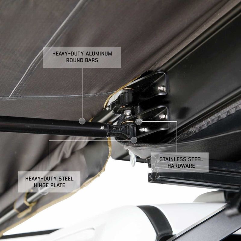 overland-vehicle-systems-nomadic-awning-180-lte-gray-open-close-up-view-with-stainless-steel-hardware-on-white-background