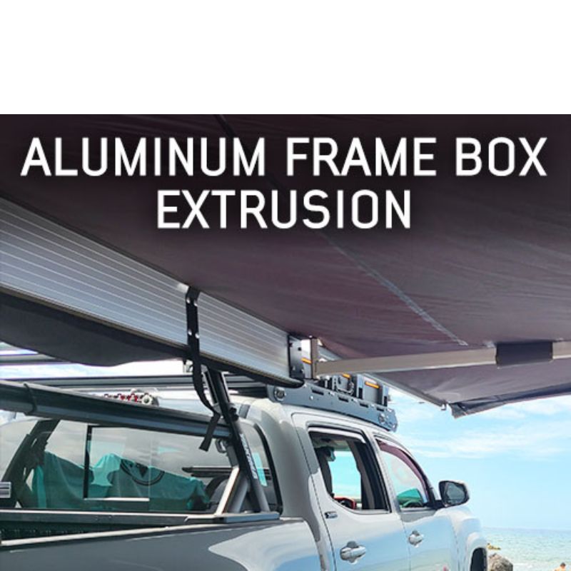 overland-vehicle-systems-nomadic-awning-180-lte-gray-open-interior-view-of-aluminum-frame-extrusion-on-vehicle-in-nature