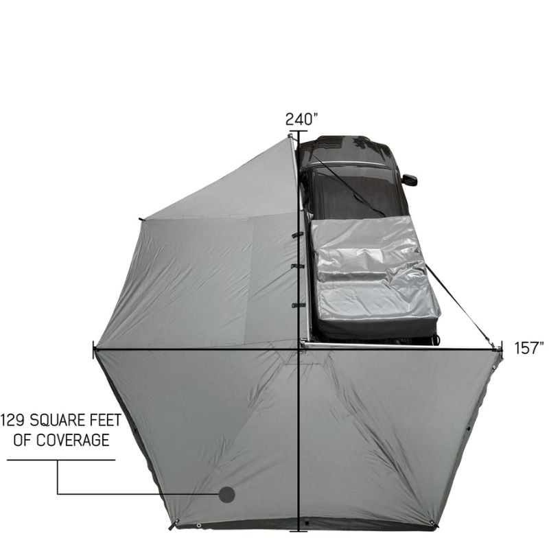 overland-vehicle-systems-nomadic-awning-270-driver-side-gray-open-top-view-on-toyota-tacoma-on-white-background