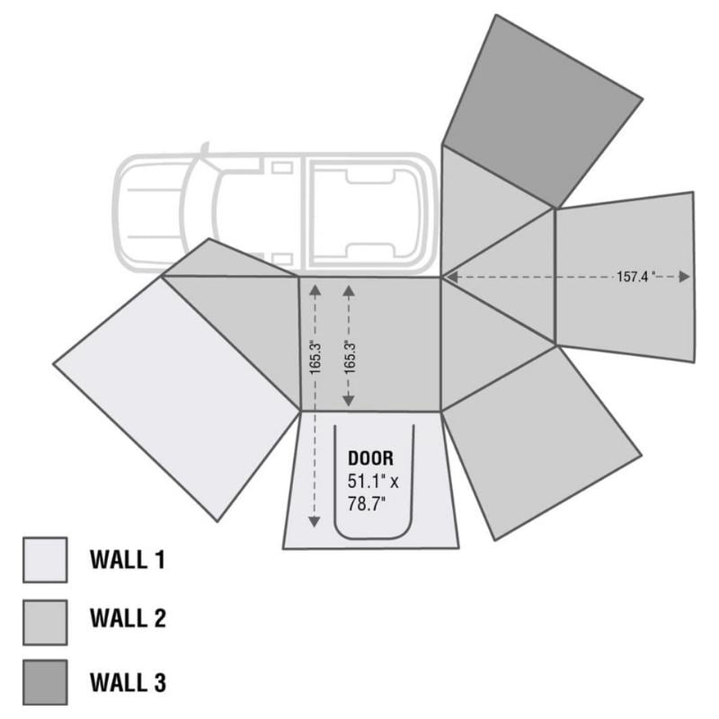 overland-vehicle-systems-nomadic-awning-270-driverside-top-view-illustration-with-dimensions-of-side-wall-1-2-and-3