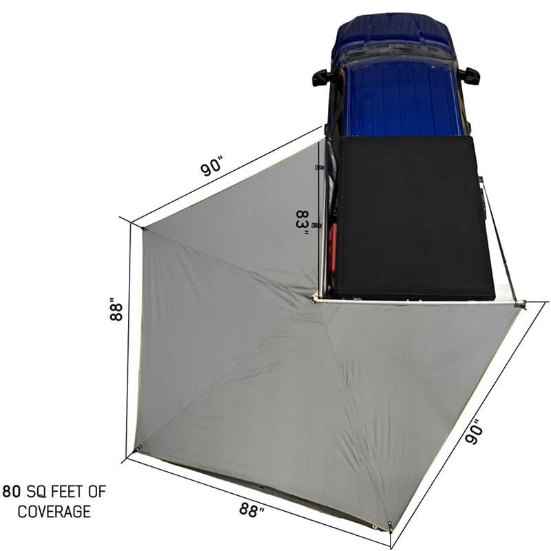 overland-vehicle-systems-nomadic-awning-270-lt-driver-side-dark-gray-open-drone-view-on-ford-ranger-stx-with-dimensions