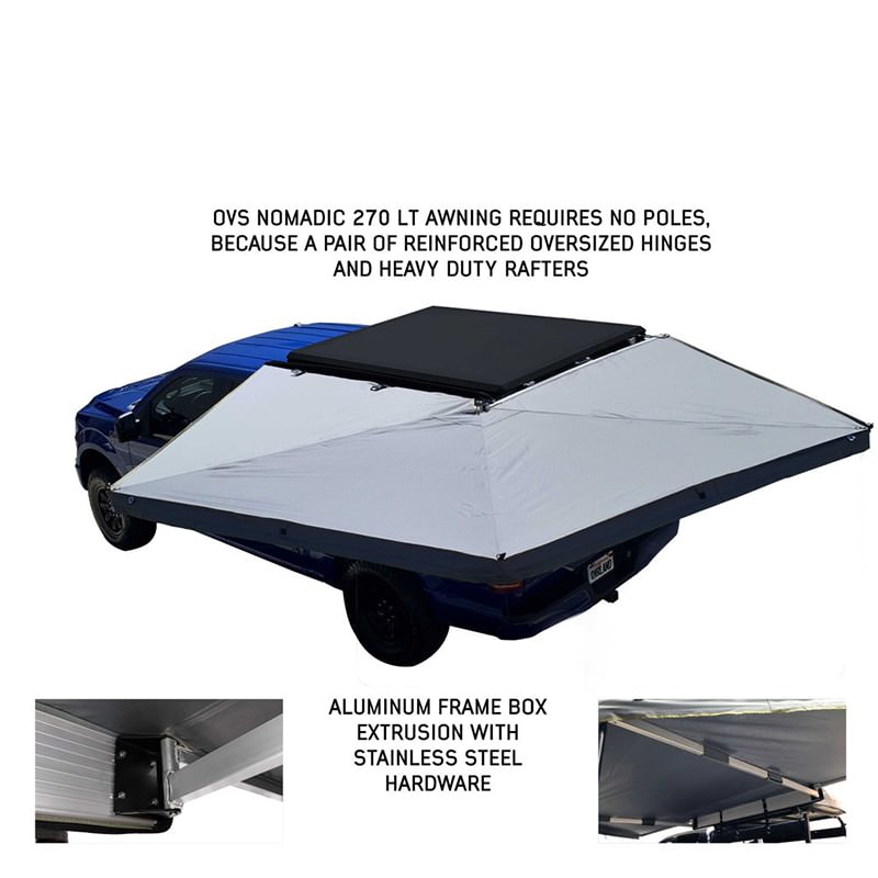 overland-vehicle-systems-nomadic-awning-270-lt-driver-side-dark-gray-open-rear-view-on-ford-ranger-stx-oversized-hinges