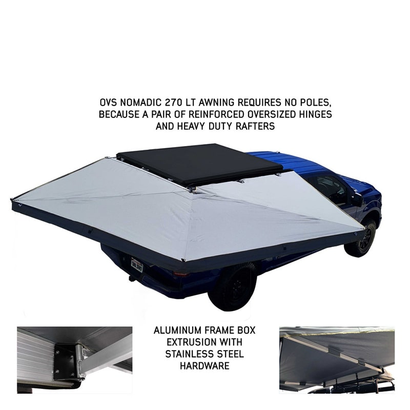 overland-vehicle-systems-nomadic-awning-270-lt-passager-side-dark-gray-open-rear-view-on-ford-ranger-stx-oversized-hinges