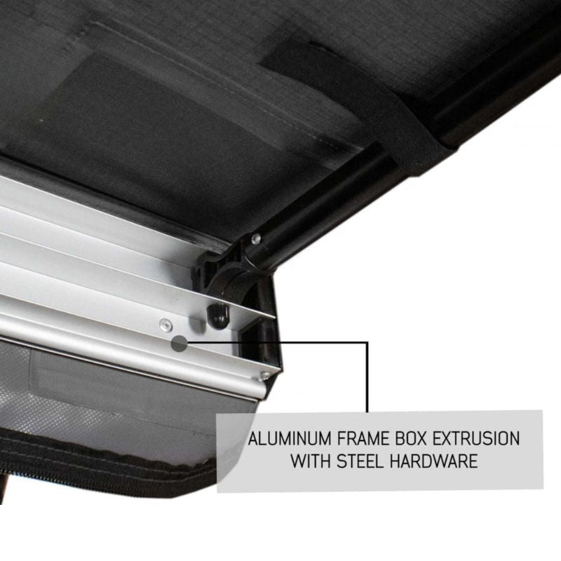 overland-vehicle-systems-nomadic-awning-8-ft-gray-open-close-up-view-with-aluminum-frame-on-white-background