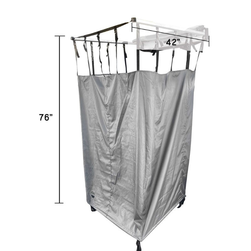 overland-vehicle-systems-nomadic-car-side-shower-room-open-rear-corner-veiw-with-dimensions-on-white-backgroound
