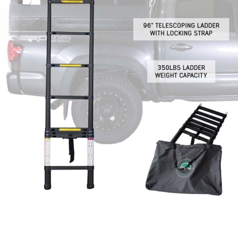 overland-vehicle-systems-nomadic-extended-soft-shell-roof-top-tent-grey-close-up-view-telescoping-ladder-on-white-background