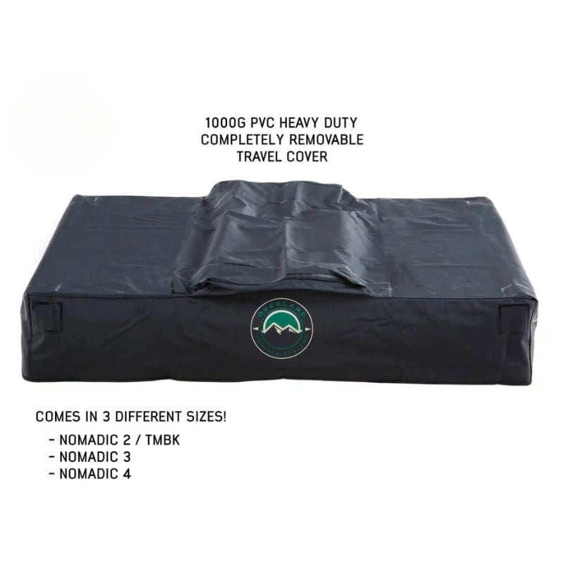 overland-vehicle-systems-nomadic-extended-soft-shell-roof-top-tent-grey-closed-front-view-with-removable-cover-on-white-background