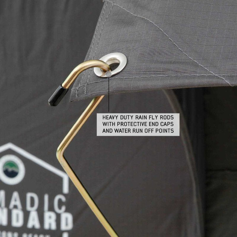 overland-vehicle-systems-nomadic-extended-soft-shell-roof-top-tent-grey-open-close-up-view-rainfly-rods