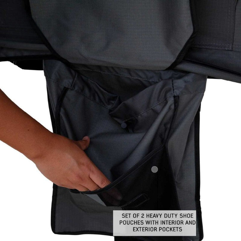 overland-vehicle-systems-nomadic-extended-soft-shell-roof-top-tent-grey-open-close-up-view-shoe-pouches-with-pockets-on-white-background