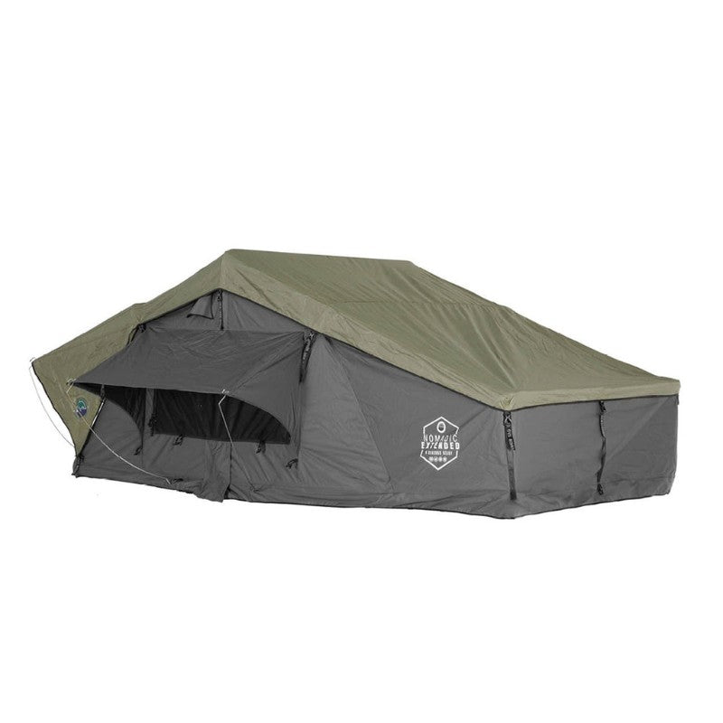overland-vehicle-systems-nomadic-extended-soft-shell-roof-top-tent-grey-open-side-view-on-white-background