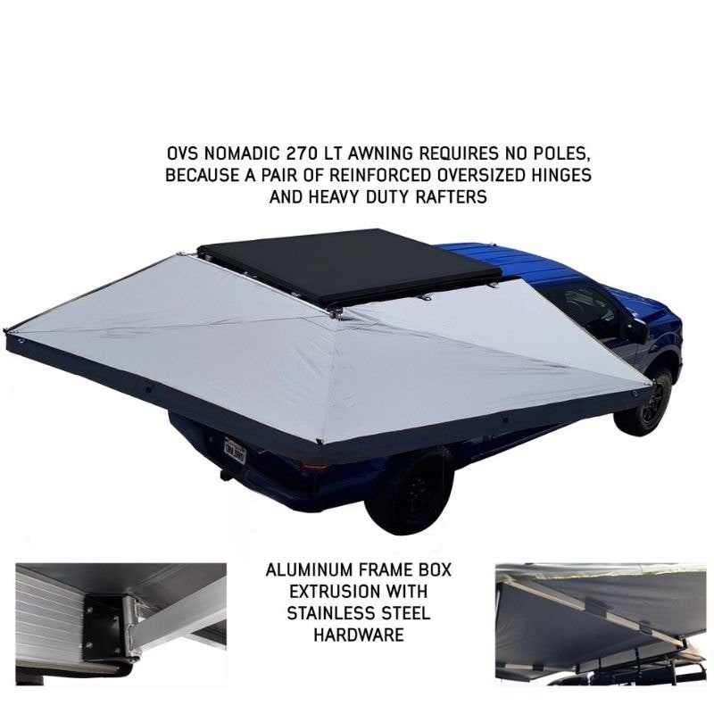 overland-vehicle-systems-nomadic-lt-270-awning-with-walls-dark-gray-passenger-side-open-rear-corner-view-on-ford-ranger-with-product-description-on-white-background