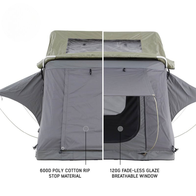 overland-vehicle-systems-nomadic-standard-soft-shell-roof-top-tent-gray-open-front-view-fabric-description