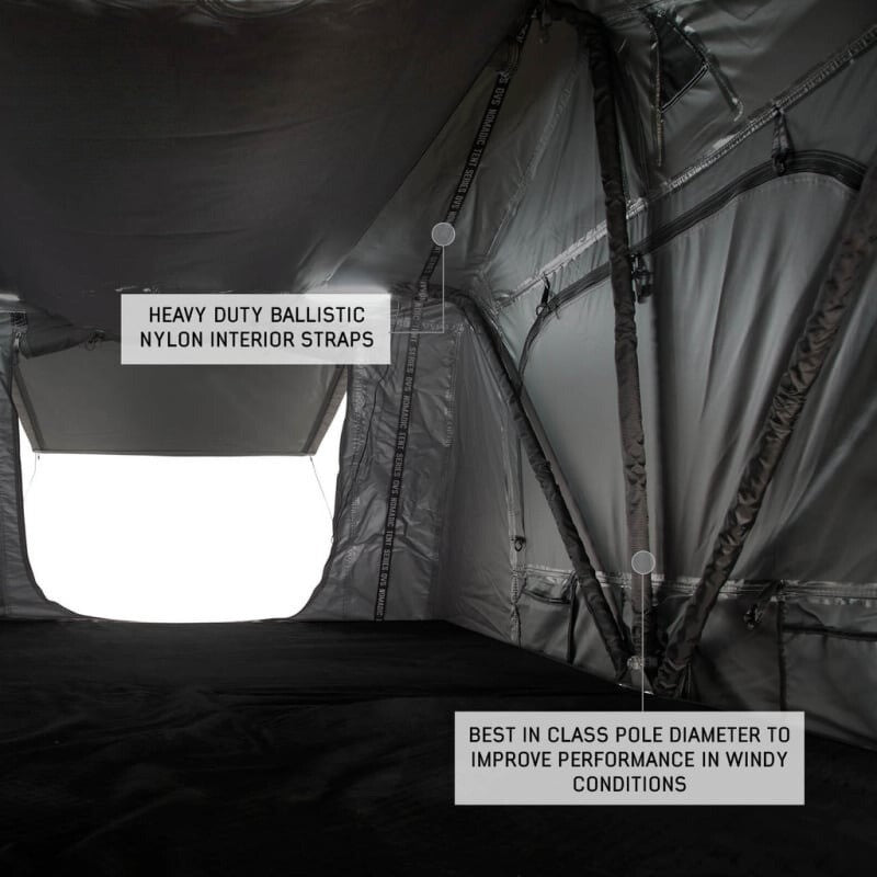overland-vehicle-systems-nomadic-standard-soft-shell-roof-top-tent-gray-open-interior-view-with-best-in-class-interior-pole-description