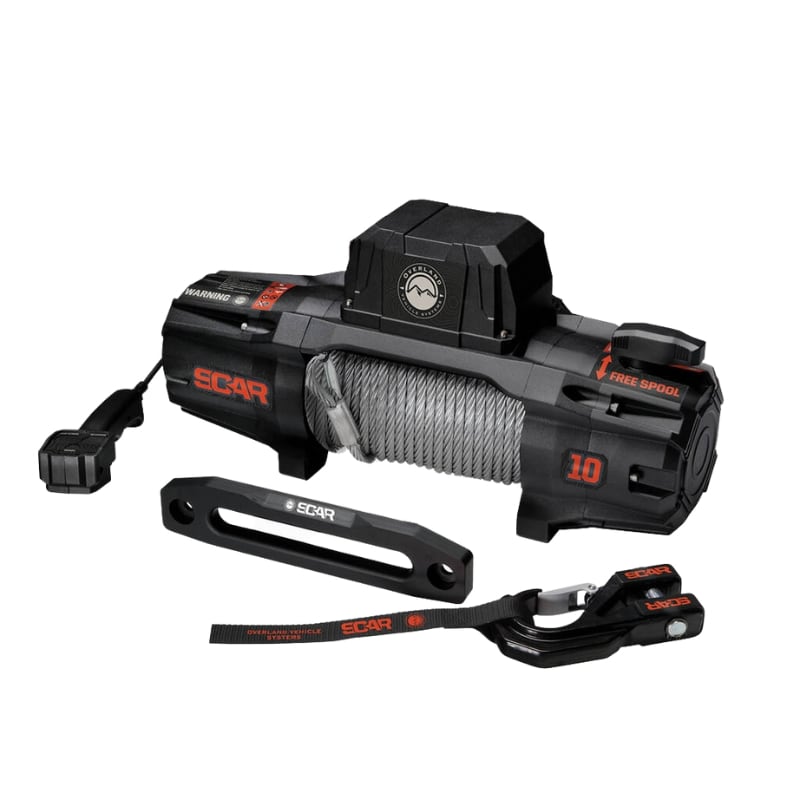 overland-vehicle-systems-scar-10-winch-with-steel-cable-heavy-duty-hook-fairlead-and-wireless-remote-front-corner-view-on-white-background