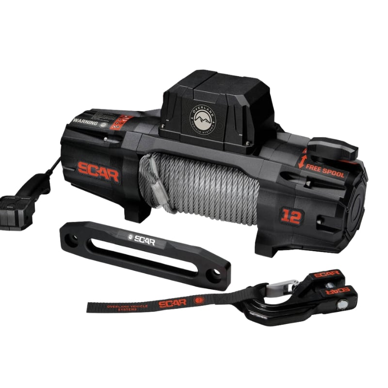 overland-vehicle-systems-scar-12-winch-with-steel-cable-heavy-duty-hook-fairlead-and-wireless-remote-front-corner-view-on-white-background