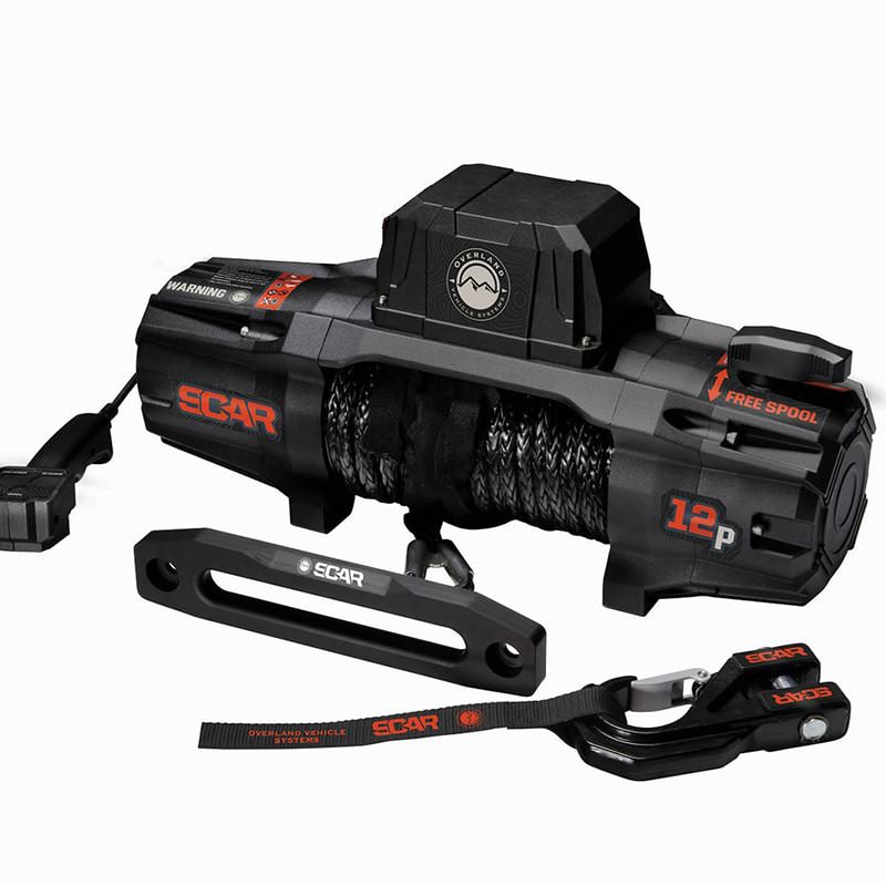overland-vehicle-systems-scar-12s-winch-with-synthetic-rope-heavy-duty-hook-fairlead-and-wireless-remote-front-corner-view-on-white-background