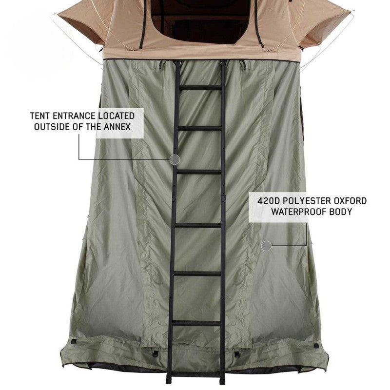 overland-vehicle-systems-tmbk-roof-top-tent-annex-green-base-black-floor-open-front-view-waterproof-body-on-white-background
