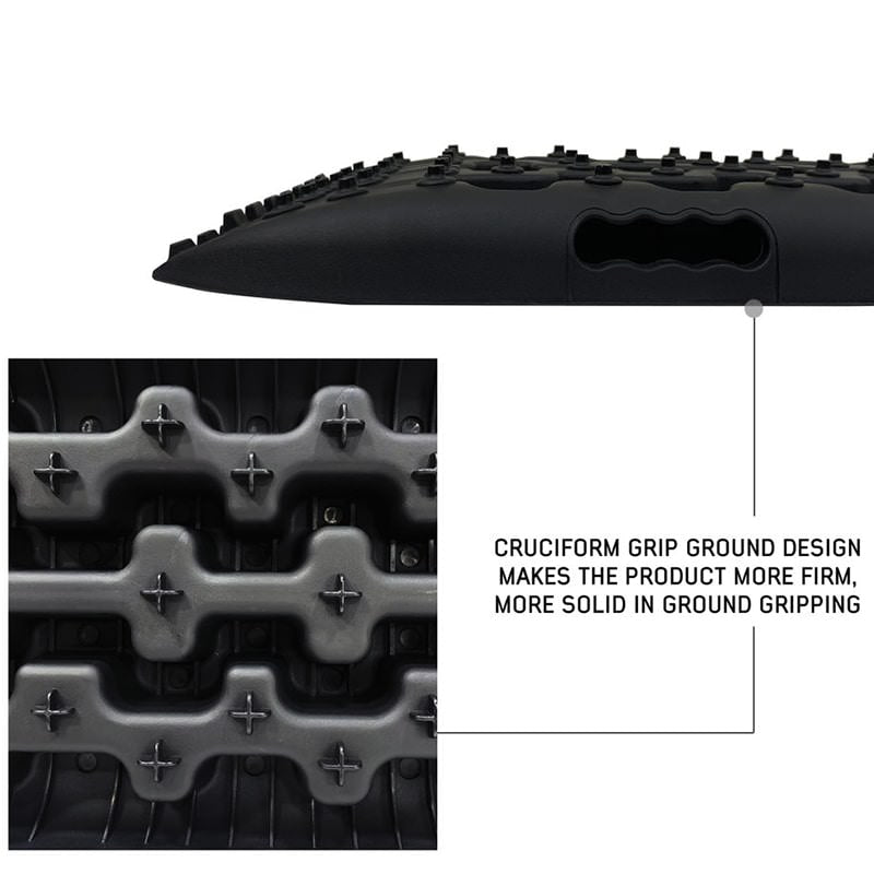 overland-vehicle-systems-ultimate-recovery-package-close-up-view-black-recovery-ramp-cruciform-grip-ground-design-description