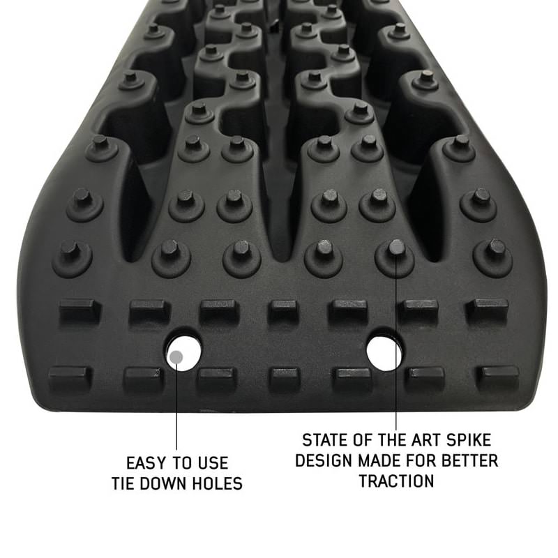 overland-vehicle-systems-ultimate-recovery-package-close-up-view-black-recovery-ramp-with-tie-down-holes-and-spike-design-description