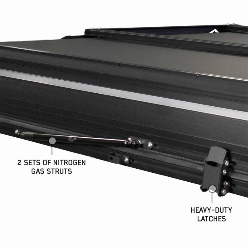 overland-vehicle-systems-xd-everest-cantilever-aluminum-roof-top-tent-gray-body-black-rainfly-closed-close-up-view-with-heavy-duty-latches-on-white-background