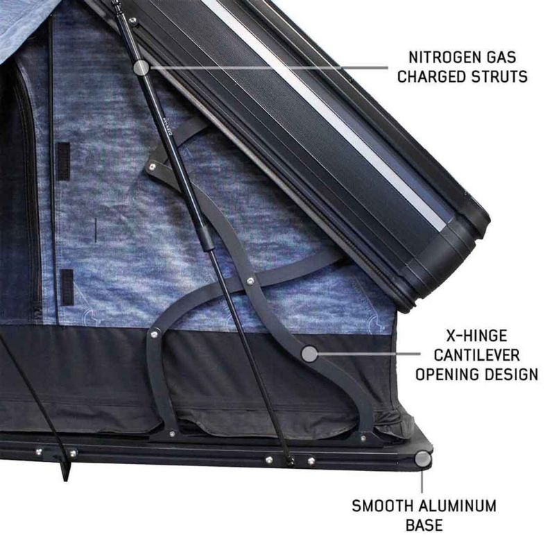 overland-vehicle-systems-xd-everest-cantilever-aluminum-roof-top-tent-gray-body-black-rainfly-open-close-up-view-with-gas-struts-on-white-background