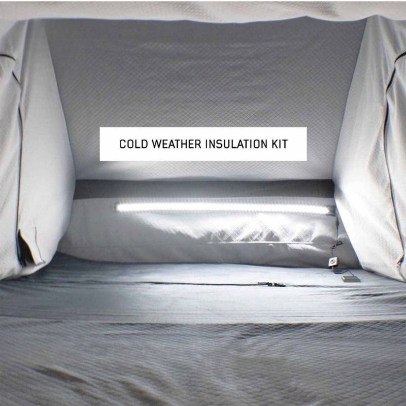 overland-vehicle-systems-xd-everest-cantilever-aluminum-roof-top-tent-gray-body-black-rainfly-open-interior-view-with-cold-weather-insulation-kit
