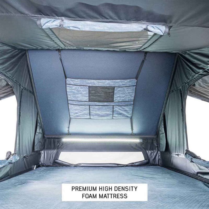 overland-vehicle-systems-xd-everest-cantilever-aluminum-roof-top-tent-gray-body-black-rainfly-open-interior-view-with-foam-mattress-on-white-background