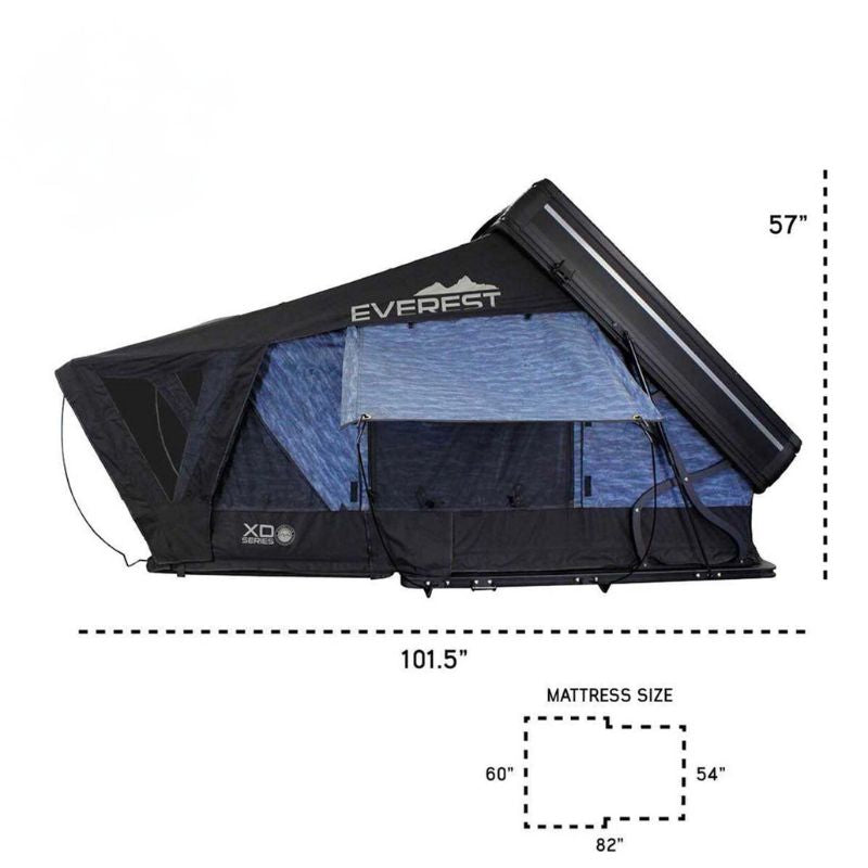 overland-vehicle-systems-xd-everest-cantilever-aluminum-roof-top-tent-gray-body-black-rainfly-open-side-view-with-dimensions-on-white-background