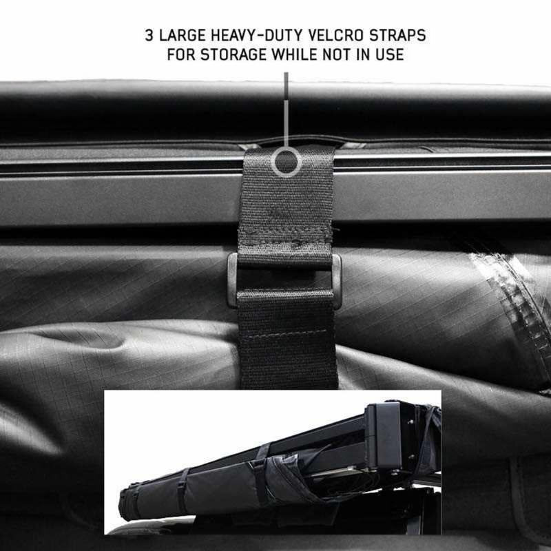 overland-vehicle-systems-xd-nomadic-270-degree-awning-black-close-up-view-with-velcro-straps-on-white-background
