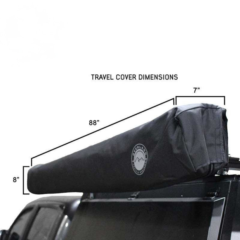 overland-vehicle-systems-xd-nomadic-270-degree-awning-black-cover-travel-dimensions-rear-corner-view-on-vehicle-on-white-backlground