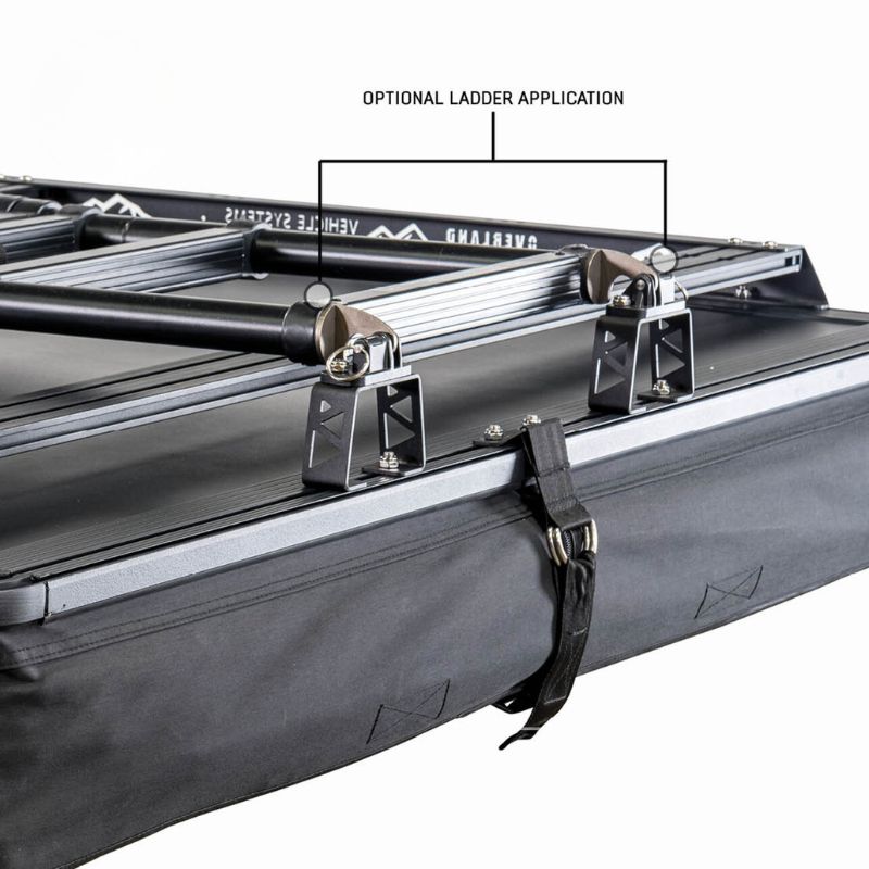 overland-vehicle-systems-xd-sherpa-soft-shell-rooftop-tent-gray-body-black-rainfly-closed-close-up-view-optional-ladder-application-on-white-background