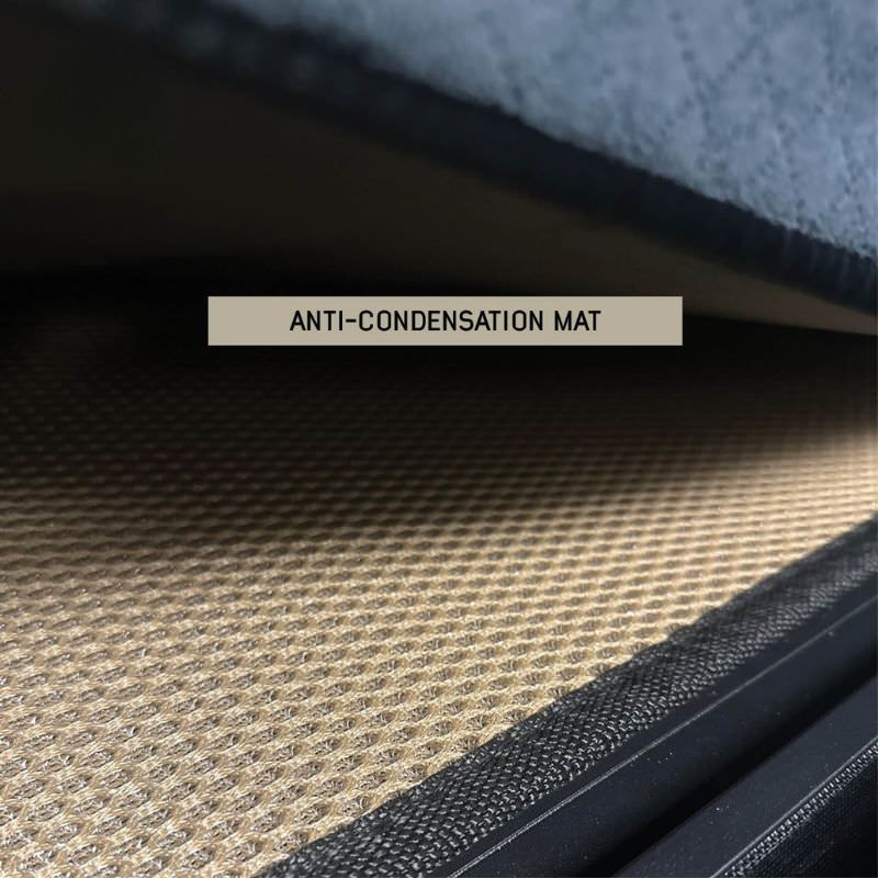 overland-vehicle-systems-xd-sherpa-soft-shell-rooftop-tent-gray-body-black-rainfly-open-close-up-view-mat-details