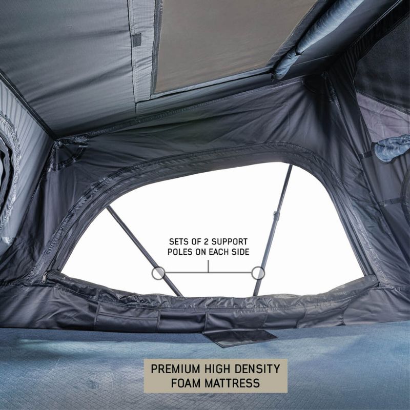 overland-vehicle-systems-xd-sherpa-soft-shell-rooftop-tent-gray-body-black-rainfly-open-interior-view-open-covers-with-details