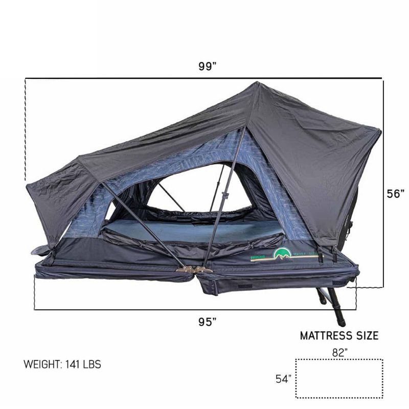 overland-vehicle-systems-xd-sherpa-soft-shell-rooftop-tent-gray-body-black-rainfly-open-side-view-with-dimension-details-on-white-background