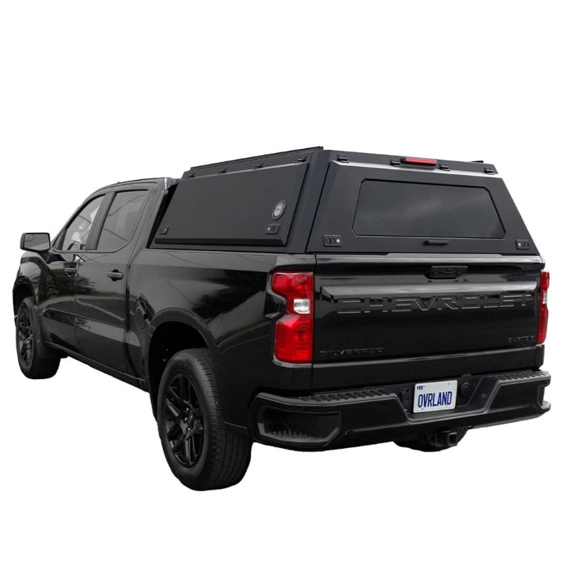 ovs-expedition-truck-cap-for-chevrolet-silverado-1500-black-rear-view-on-chevy-silverado-on-white-background