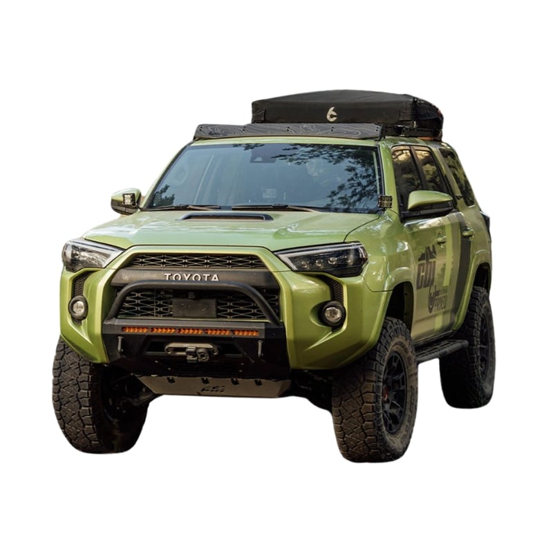 prinsu-toyota-4runner-roof-rack-full-non-drill-front-view-on-vehicle-with-closed-roof-top-tent-in-nature