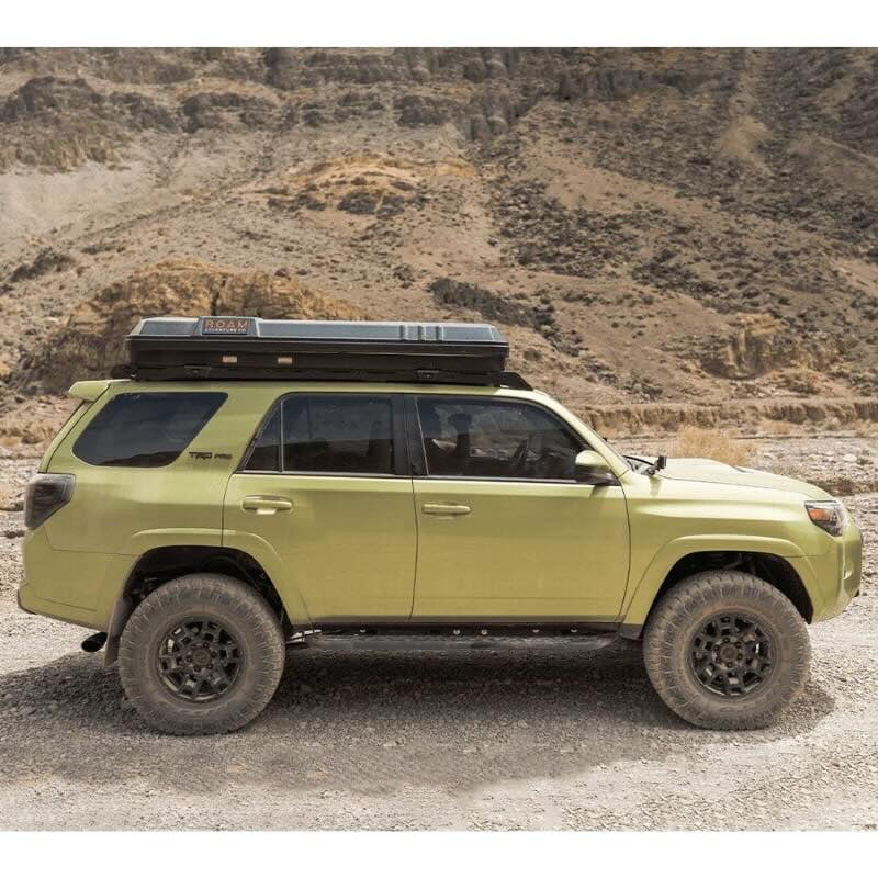 prinsu-toyota-4runner-roof-rack-full-non-drill-side-view-on-vehicle-with-closed-roof-top-tent-in-nature