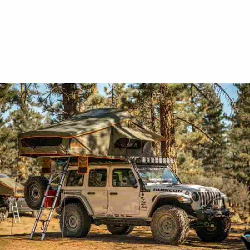 roam-vagabond-xl-rooftop-tent-forest-green-hyper-orange-open-front-corner-view-on-jeep-wrangler-rubicon-in-nature
