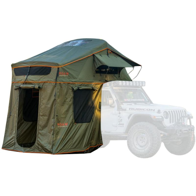 roam-vagabond-xl-rooftop-tent-forest-green-hyper-orange-open-front-corner-view-with-annex-on-white-background