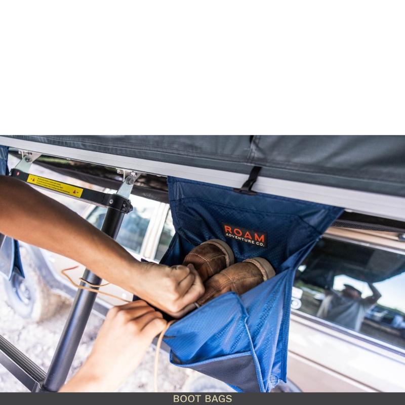 roam-vagabond-xl-rooftop-tent-slate-gray-navy-blue-open-close-up-view-with-boot-bag
