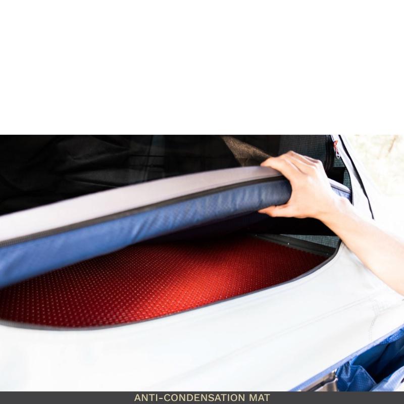 roam-vagabond-xl-rooftop-tent-slate-gray-navy-blue-open-close-up-view-with-high-anti-condensation-mat