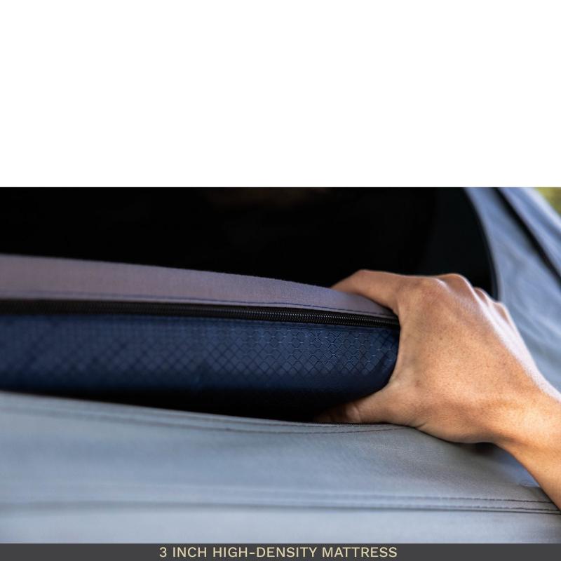 roam-vagabond-xl-rooftop-tent-slate-gray-navy-blue-open-close-up-view-with-high-density-mattress