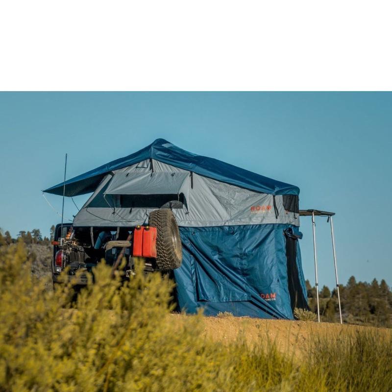 roam-vagabond-xl-rooftop-tent-slate-gray-navy-blue-open-side-view-with-annex-in-nature