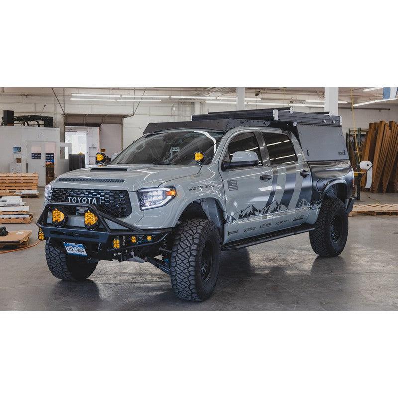 sherpa-bear-paw-roof-rack-for-2007-2021-tundra-camper-front-corner-view-in-garage