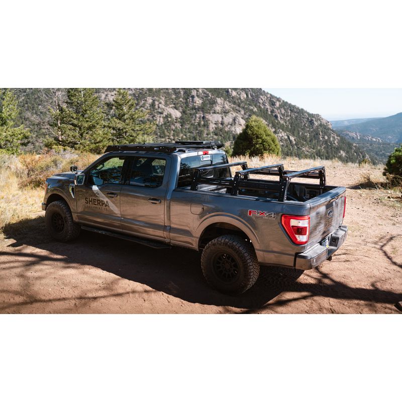 sherpa-mid-height-pak-system-bed-rack-rear-corner-view-on-ford-f-150-in-nature