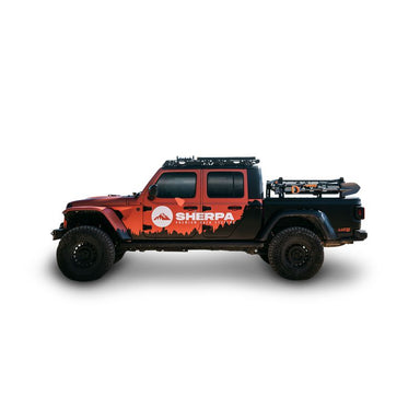 sherpa-mid-height-pak-system-bed-rack-side-view-on-jeep-gladiator-on-white-background
