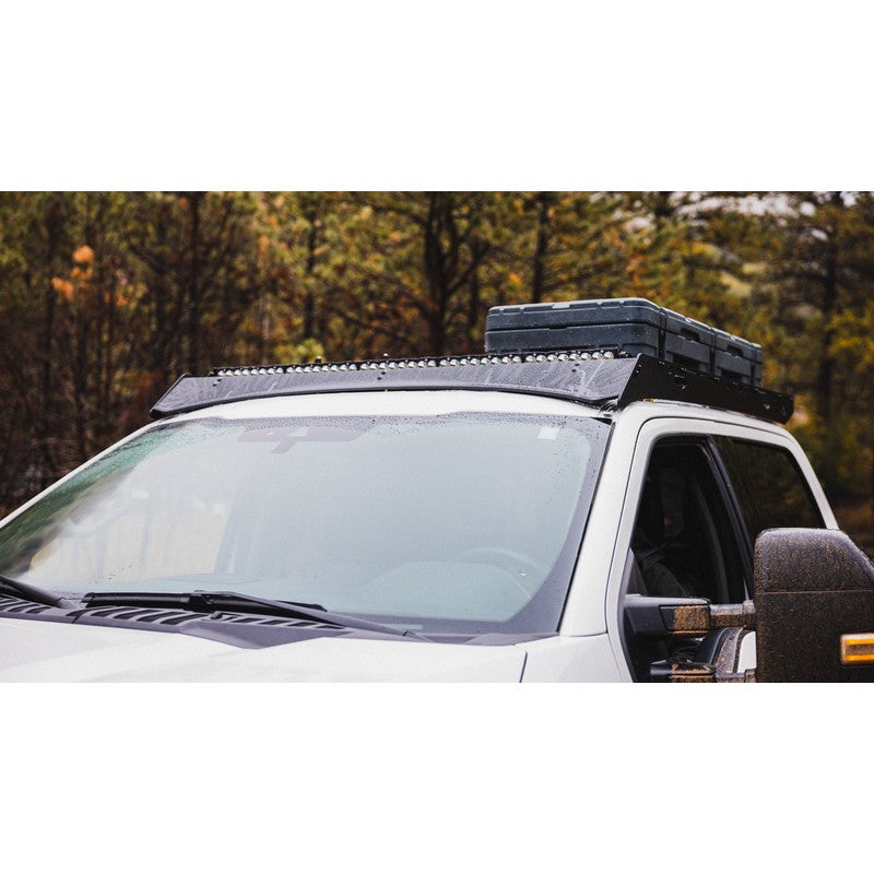 sherpa-thunder-roof-rack-for-2017-2024-ford-f250-f350-front-corner-view-with-roam-case-in-nature